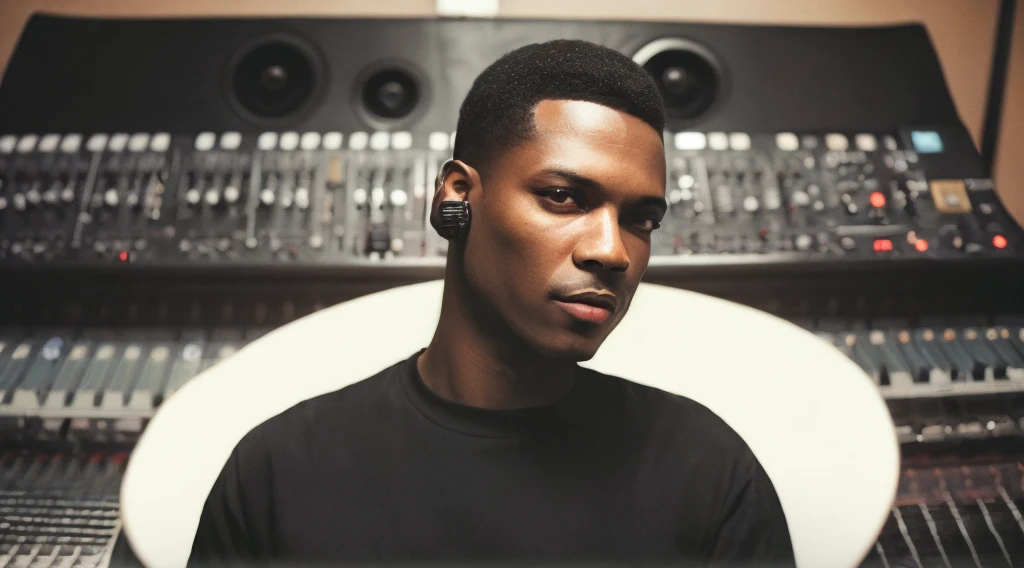 1990s, closeup portrait photo of 36 y.o afro american man, talinaky, black tshirt top, short hair, natural skin, looks away, los angeles sitted in the music studio next to a huge mixer, musician, (cinematic shot, film grain:1.1)
