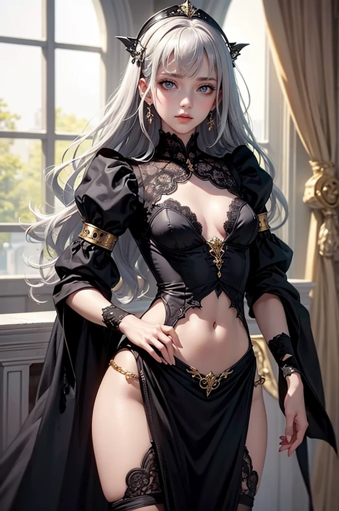 (masterpiece),ultra detaile,best quality,nsfw,nipple,pussy,beautiful skinny well-groomed face--girl,fantasy,delicate black gothic-lace dress&eyes&gold ornaments&head-wear,long silver wavy hair,shining cold eyes&skin,small bresats,navel,bangs down,