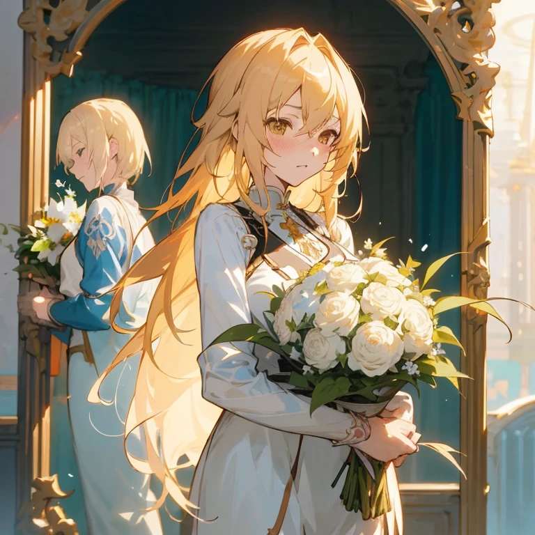 Anime girl with long blonde hair holding bouquet of flowers, Violet Evergarden, guweiz, artwork in the style of guweiz, blonde - haired princess, guweiz on pixiv artstation, cushart krenz key art feminine, guweiz on artstation pixiv, guweiz masterpiece, official artwork, anime key visual of elegant