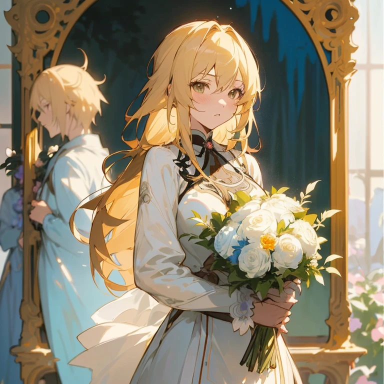 Anime girl with long blonde hair holding bouquet of flowers, Violet Evergarden, guweiz, artwork in the style of guweiz, blonde - haired princess, guweiz on pixiv artstation, cushart krenz key art feminine, guweiz on artstation pixiv, guweiz masterpiece, official artwork, anime key visual of elegant