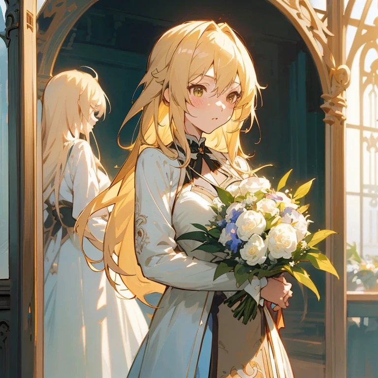 Anime girl with long blonde hair holding bouquet of flowers, Violet Evergarden, guweiz, artwork in the style of guweiz, blonde - haired princess, guweiz on pixiv artstation, cushart krenz key art feminine, guweiz on artstation pixiv, guweiz masterpiece, official artwork, anime key visual of elegant