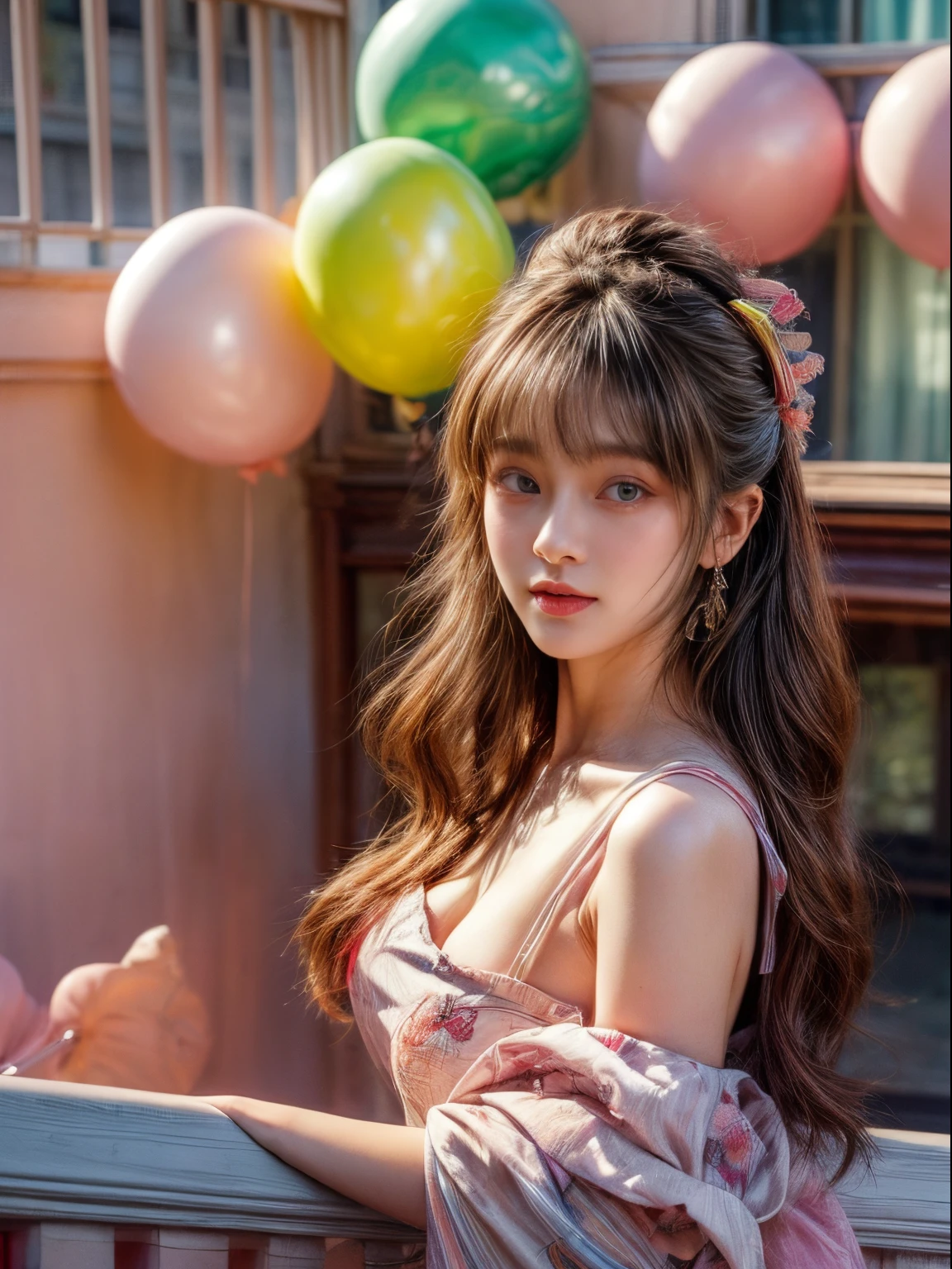 masterpiece、8K、32K、top-quality、(A detailed eye)、(A cute Japanese woman、bangss)、23years old、1 girl in、elegent、(Detailed background depiction、portlate:1.2)、frilly dress、(balconies、birthday party、Colorful balloons:1.3)、Sit up、cowboy shot、ssmile