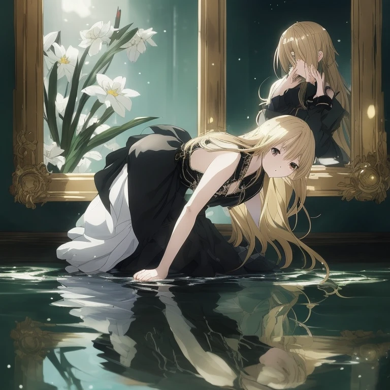 Anime girl in a black dress lying on the ground in front of a mirror, in the art style of bowater, guweiz on pixiv artstation, digital art on pixiv, guweiz on artstation pixiv, from girls frontline, Trending on ArtStation pixiv, Fine details. girls' frontline, anime girl wearing a black dress, Violet Evergarden
