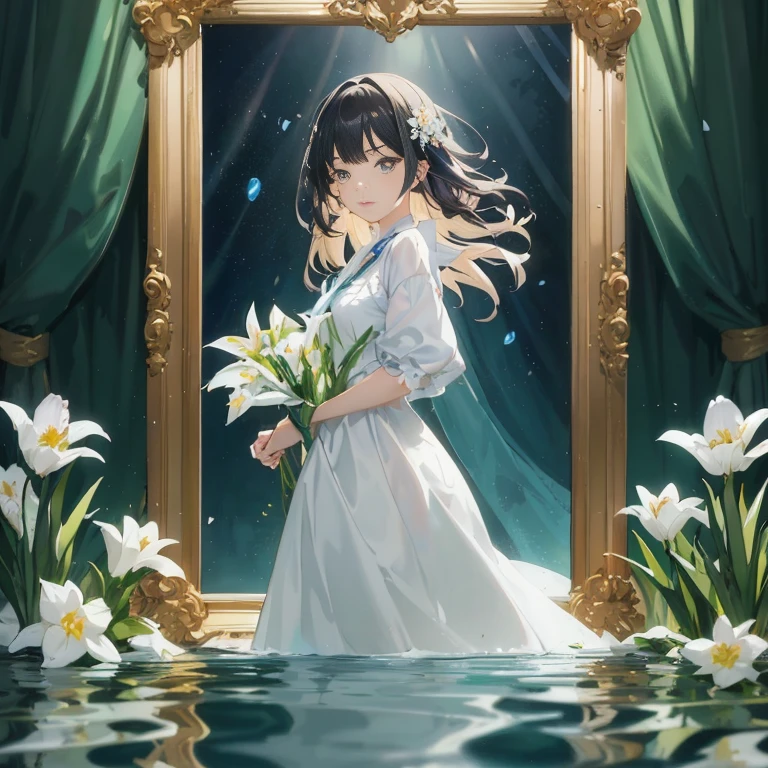 Anime girl in a white dress with flowers in front of the mirror, ethereal anime, guweiz on pixiv artstation, guweiz, artwork in the style of guweiz, guweiz masterpiece, guweiz on artstation pixiv, beautiful anime artwork, Anime art wallpaper 8k, official artwork, beautiful anime art, anime art wallpaper 4k