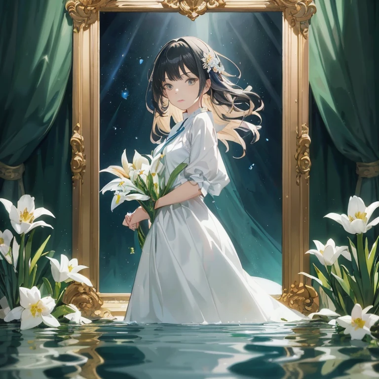 Anime girl in a white dress with flowers in front of the mirror, ethereal anime, guweiz on pixiv artstation, guweiz, artwork in the style of guweiz, guweiz masterpiece, guweiz on artstation pixiv, beautiful anime artwork, Anime art wallpaper 8k, official artwork, beautiful anime art, anime art wallpaper 4k