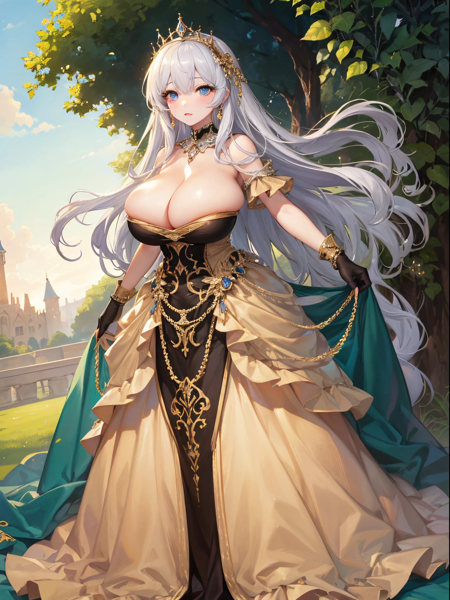 ultra-detailed, extremely detailed,((anime artstyle)),Masterpiece,(Best Quality),(Super Detail),(Very Delicate and Beautiful),((Solo)),((full body)),full body,((detailed face and eyes)),perfect eyes, rendered eyes,jewel-like beautiful eyes,((1 princess in beautiful embroidery and jeweled gorgeous rococo ballgown with frilled voluminous full length hoop skirt)),((Crinoline)),beautiful embroidery and jeweled gorgeous rococo ballgown with frilled voluminous full length hoop skirt,(large amount of straight hair,extremely voluminous Very Long straight Hair,Absolutely Long Straight Hair),sparkly skin,((very gigantic boobs)),Bursting breasts,cleavage,(fantasy castle,outdoors,outside the castle),long_gloves,extremely gorgeousfull jeweled hair ornament,(bling-bling extremely gorgeousfull jeweled tiara),(luxurious jewelry),full body,beautiful embroidery and jeweled gorgeous rococo ballgown with frilled voluminous full length hoop skirt