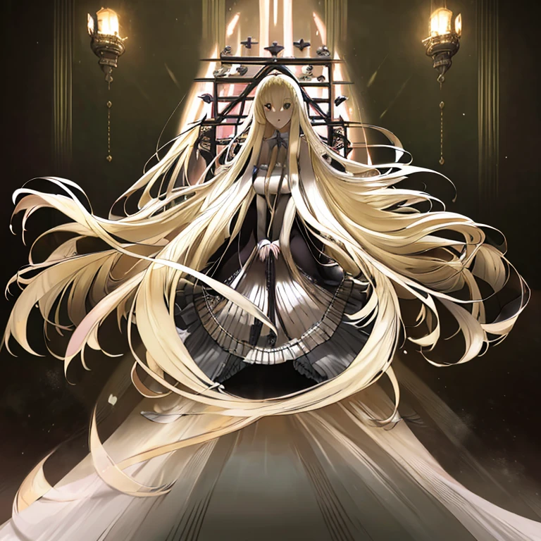 Anime girl with long blonde hair and white dress, portrait of Lolita, anime key visual of elegant, Anime visuals of cute girls, blonde anime girl with long hair, loli in dress, anime visual of a young woman, Cute anime waifu in a nice dress, Violet Evergarden, anime girl wearing a black dress, Rin, lolish