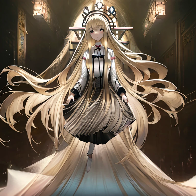 Anime girl with long blonde hair and white dress, portrait of Lolita, anime key visual of elegant, Anime visuals of cute girls, blonde anime girl with long hair, loli in dress, anime visual of a young woman, Cute anime waifu in a nice dress, Violet Evergarden, anime girl wearing a black dress, Rin, lolish