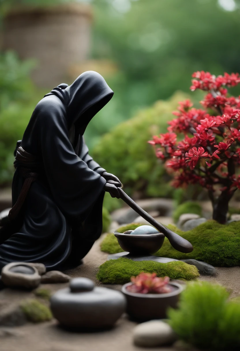 A photo of the grim reaper carefully arranging a serene and tranquil Zen garden,original,grim reaper