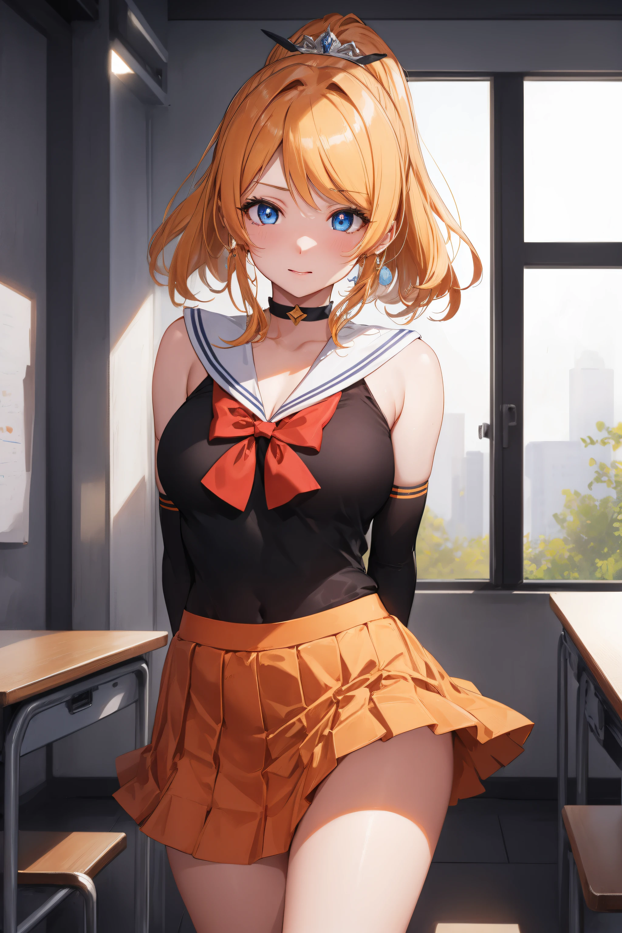 eliayase, eli ayase, yellow hair, blue eyes, ponytail, hair ribbon, medium breast,
BREAK sailor senshi uniform, orange skirt, elbow gloves, tiara, orange sailor collar, red bow, orange choker, white gloves,
BREAK looking at viewer,standing,leaning forward, (arms behind back:1.2), pov, nsfw, provocative, nervous, embarrassed, blushing,
BREAK indoors, classroom, 
BREAK (masterpiece:1.2), best quality, high resolution, unity 8k wallpaper,NSFW ,(illustration:0.8), (beautiful detailed eyes:1.6), extremely detailed face, perfect lighting, extremely detailed CG, (perfect hands, perfect anatomy),