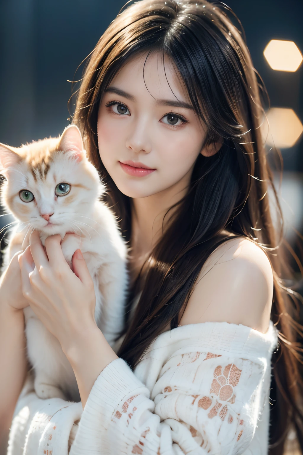 a girl holding a cute cat,illustration,soft texture,beautiful detailed eyes,beautiful detailed lips,fluffy fur,playful scene,highres,bokeh,portrait,vibrant colors,warm lighting