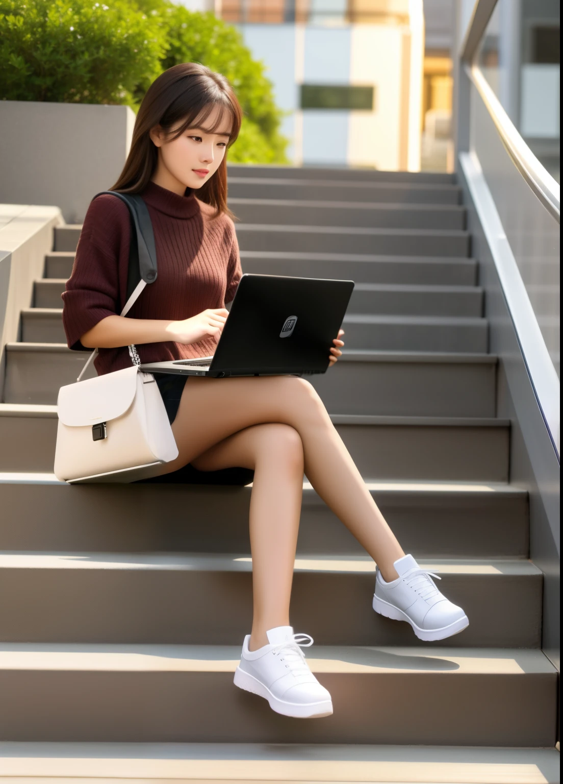 A woman sitting on the steps using a laptop, sitting in front of the computer, woman is sitting, Sit Pose, Ultra HD, High Quality, Best Quality, High Resolution, 8K