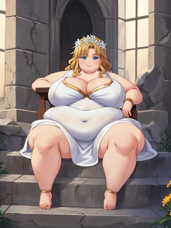 ((masterpiece)), 4k, highdes, Fat Greek goddess Aphrodite, fat and sexy face, has a face of supernatural beauty and short curly blonde hair decorated with flowers, obese body, as well as blue eyes. (perfect anatomy) , (perfect eyes) Her figure is extremely voluptuous, Gigantic and fat breasts, Heavy breasts, Fitness hip, fabric covering breast, cracked abdominal fatter, White silk dress, big abs muscle, she sits on her great throne of Greek marble, work of art.