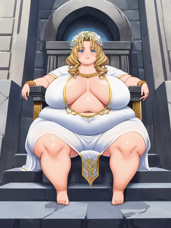 ((masterpiece)), 4k, highdes, Fat Greek goddess Aphrodite, fat and sexy face, has a face of supernatural beauty and short curly blonde hair decorated with flowers, obese body, as well as blue eyes. (perfect anatomy) , (perfect eyes) Her figure is extremely voluptuous, Gigantic and fat breasts, Heavy breasts, Fitness hip, fabric covering breast, cracked abdominal fatter, White silk dress, big abs muscle, she sits on her great throne of Greek marble, work of art.