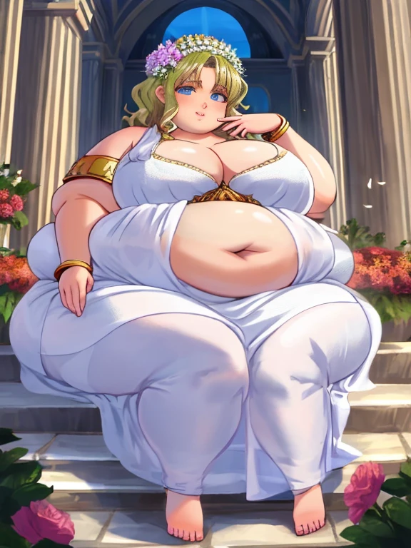 ((masterpiece)), 4k, highdes, Fat Greek goddess Aphrodite, fat and sexy face, has a face of supernatural beauty and short curly blonde hair decorated with flowers, obese body, as well as blue eyes. (perfect anatomy) , (perfect eyes) Her figure is extremely voluptuous, Gigantic and fat breasts, Heavy breasts, Fitness hip, fabric covering breast, cracked abdominal fatter, White silk dress, big abs muscle, she sits on her great throne of Greek marble, work of art.