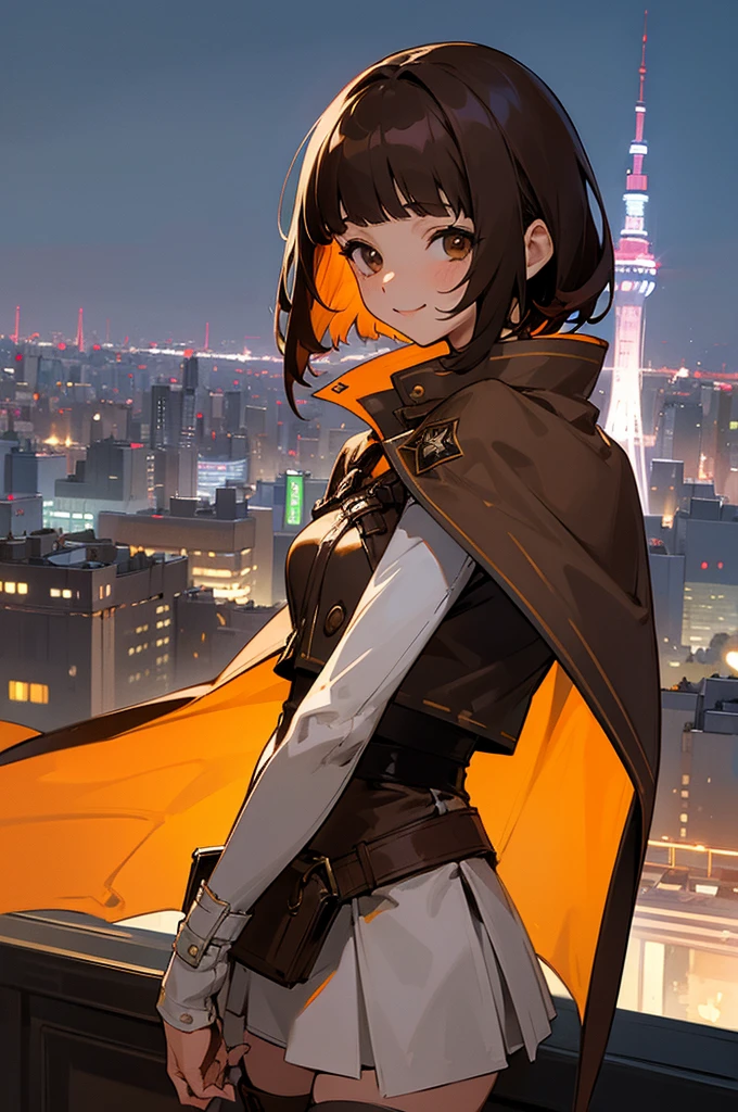 masterpiece, best quality, looking at viewer, 1girl, solo, city, night, tokyo, smile, cowboy shot, upper body
isabeausmt, brown hair, short hair, blunt bangs, brown eyes, jacket, cape, thigh boots,