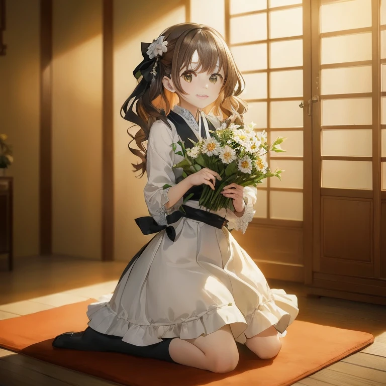 Anime girl sitting on the floor with a bouquet of flowers, anime girls in maid costumes, Cute anime waifu in a nice dress, anime moe art style, Anime visuals of cute girls, **** in dress, Smooth Anime CG Art, marin kitagawa fanart, Rin, makoto shinka, with flowers, By Shinkai Makoto. a digital rendering