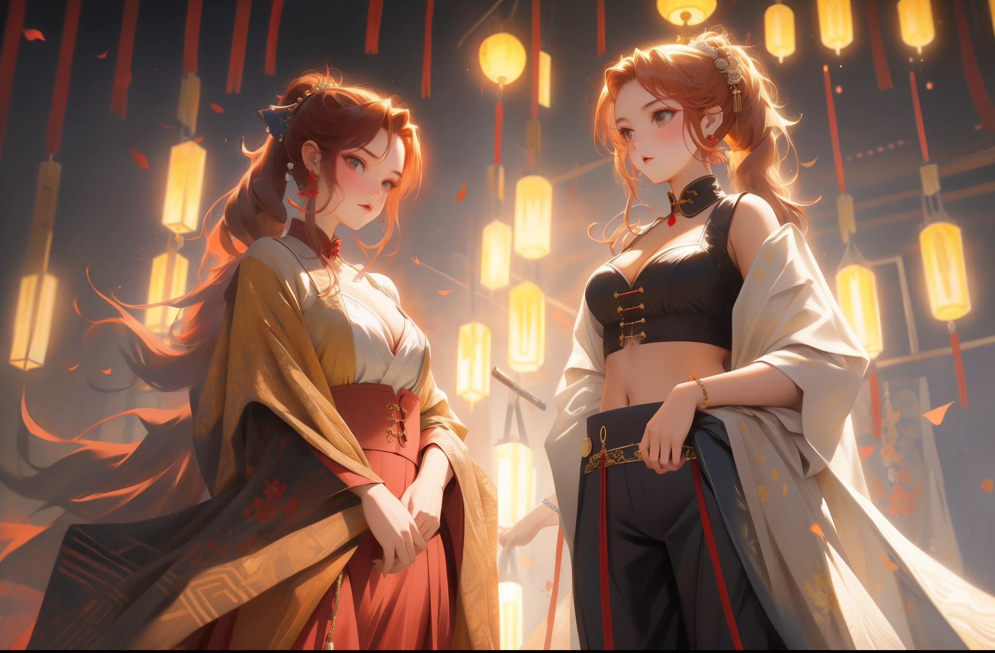 wuxia, girl,tmasterpiece, Best quality at best, ultra - detailed, realistically, lamplight,beautidful eyes, dress room, Close-up cleavage, (breasts focus), (squatt:1.2), (from below:1.1), legs are open, red blonde, pony tails, mediuml breasts, (Protruding cleavage:1.3), cropped shoulders:1.1), shorter pants, Crop top