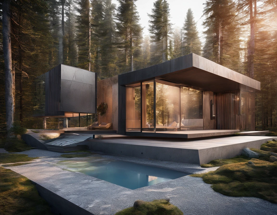 Exterior image of a tiny house house in a Scandinavian nature, duplex, minimalistic, (((standing wood and glass mirror panels))), avantgarde, sci-fi, science fiction, waterfall, panorama glass windows, forests, waterfall inside atrium, rocks, futuristic, floating, modern, solar panel roof, natural pond of water,