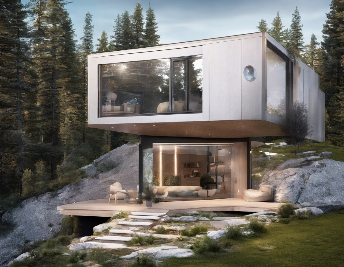 Exterior image of a tiny house house in a Scandinavian nature, duplex, minimalistic, (((standing wood and glass mirror panels))), avantgarde, sci-fi, science fiction, waterfall, panorama glass windows, forests, waterfall inside atrium, rocks, futuristic, floating, modern, solar panel roof, natural pond of water,