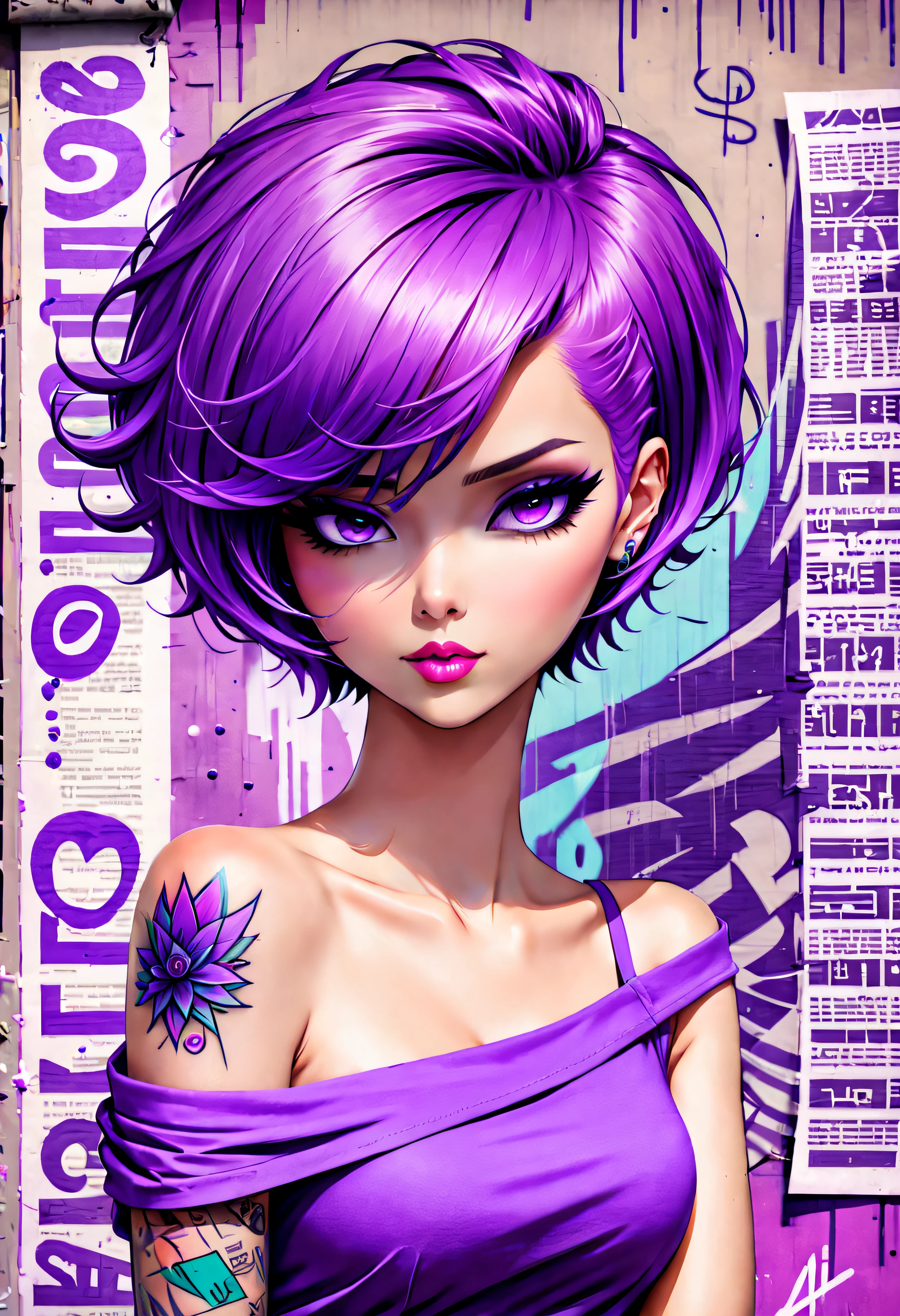 wave art style, Purple short hair, bold cut, off shoulder tank shirt, fashion pose, beautify tattoo on one shoulder, graffiti newspaper background, Head to shoulders shot, art by Wadim Kashin, Nicoletta Ceccoli.,