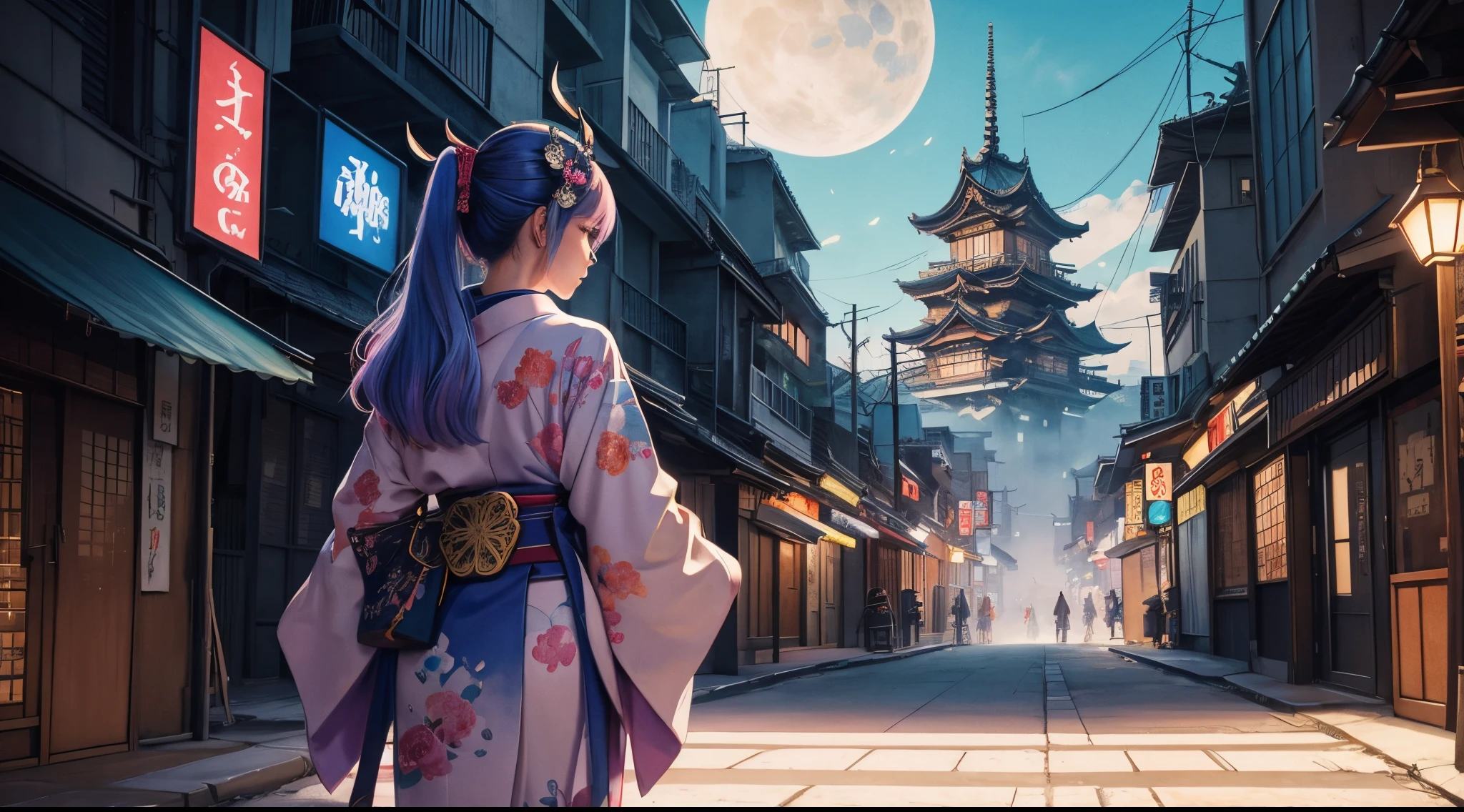 Watercolor drawing of back view of girl posing in kimono with lots of delicate ornaments and wearing demon helmet standing in a city at night during the dynastic period, hair and kimono swaying in the wind, VOFAN style, pastel colors, cute, eccentric, fantasy art, watercolor style, blurring, VOFAN artwork, cover illustration VOFAN, drawing VOFAN, perfect illustration by VOFAN, perfect light and shadow technique background by VOFAN, Adobe Illustrator, hand drawn, digital painting, low poly, soft lighting isometric illustration style, retro aesthetic Character Background Focus, 4K Resolution, Photorealistic Steps, Using Cinema4D, Cinematic Lighting, Dynamic Compositing, Pixiv Fanbox Trends, Saturated Gouache, Cyberpunk,