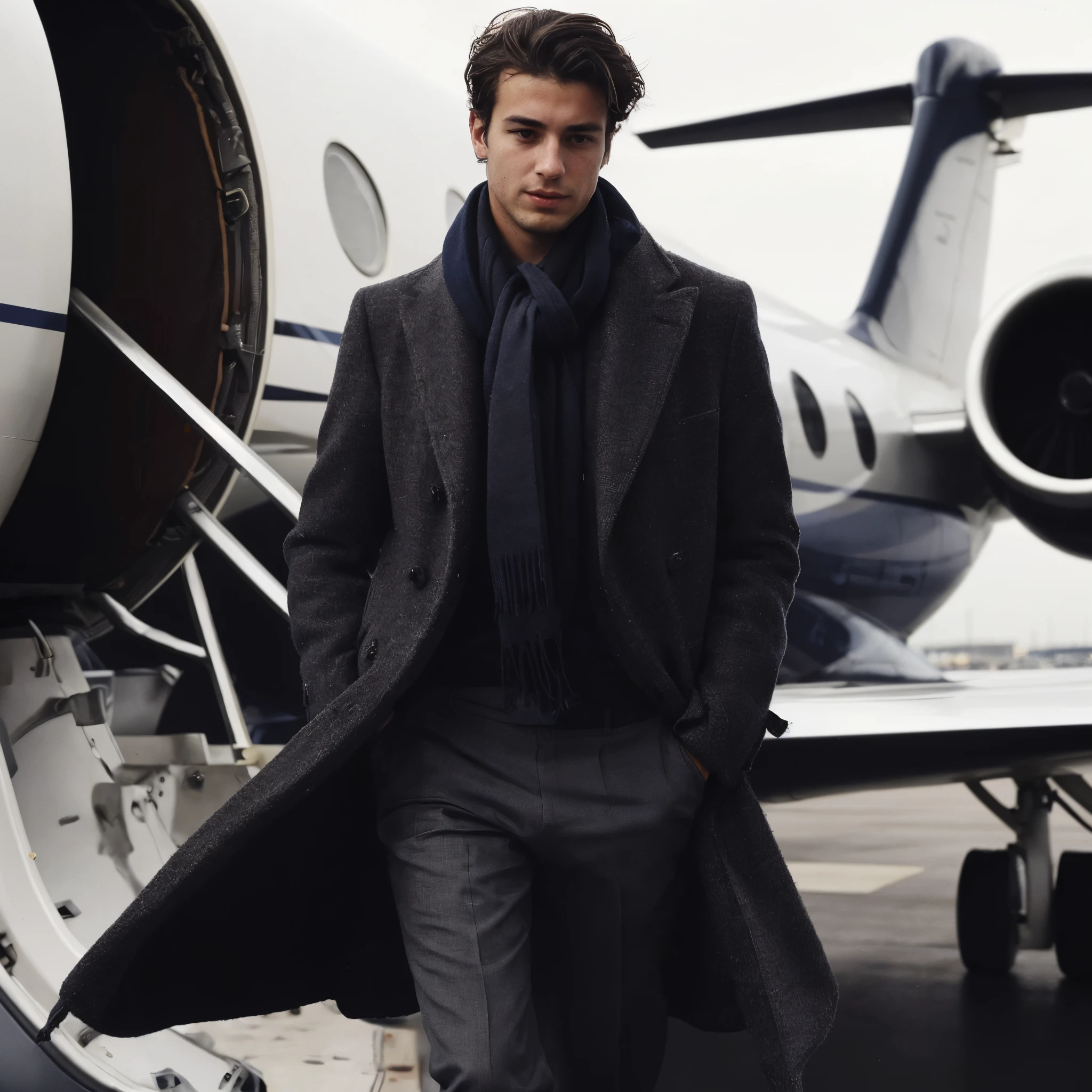 Young French businessman getting off the plane, his scarf is beautifully tied