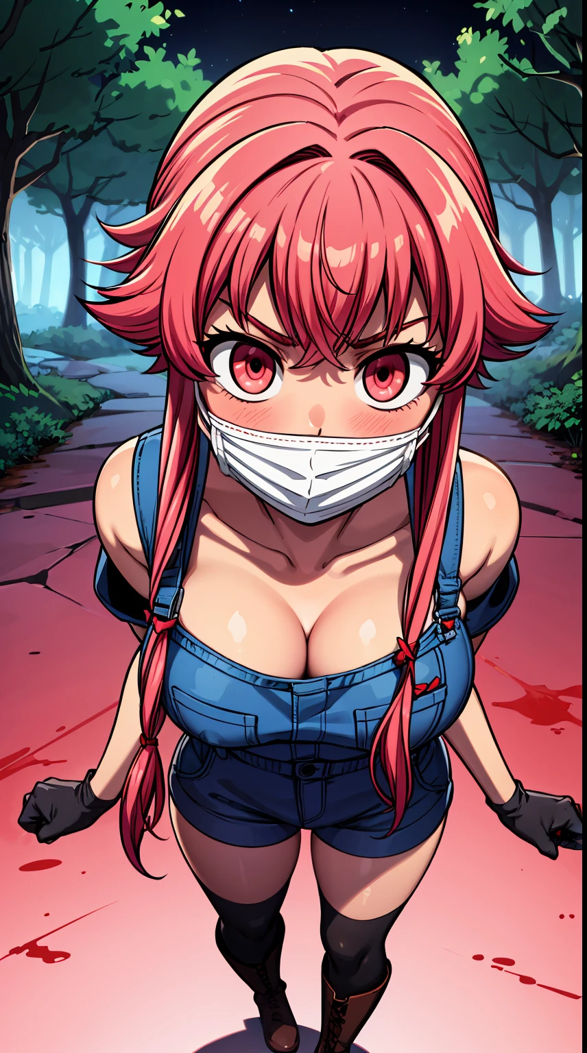 explicit, beautiful, amazing, high quality, detailed background, a woman with large breast in a woods, 1girl, breasts , , , pink hair, large breasts, twintails, long hair, solo focus, mirai nikki, black choker, dark grey overalls, leather gloves, black boots, ((face mask)), red eyes, chasing you through the woods, ((nigth)), crazy, ((crazy eyes)), ((crazy stare)) holding a bloody knife, (fanart of Gasai Yuno), (angry eyes:1.1), (perfect hands:1.4), (masterpiece), best quality, expressive eyes, VHS, ((nigth)), (Parfect Hand:1.3), 4k, 8k, 1980s, from below, (standing over you), wearing a jacket, (Blood:1.1)