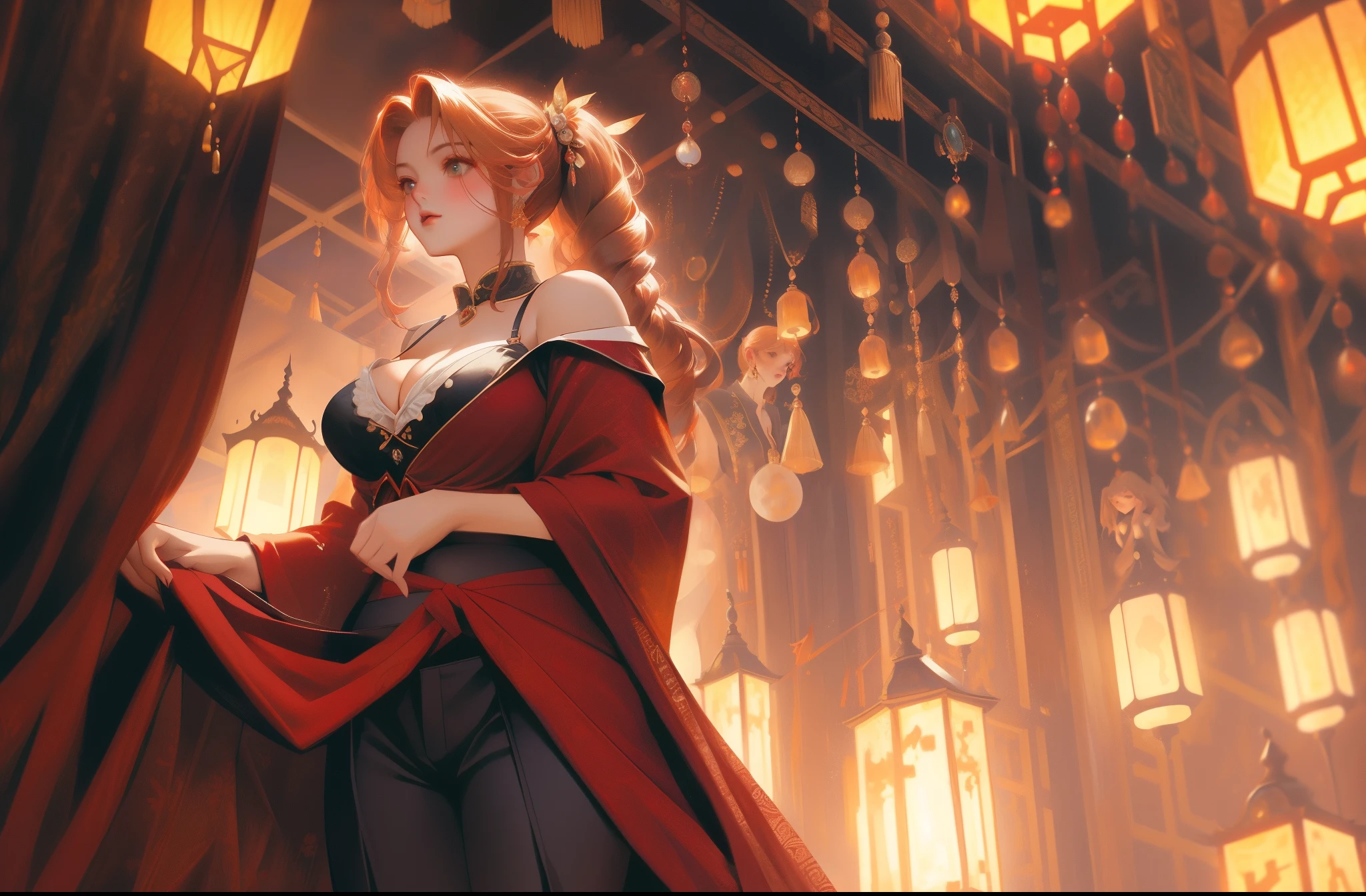 tmasterpiece, Best quality at best, ultra - detailed, realistically, lamplight,beautidful eyes, dress room, Close-up cleavage, (breasts focus), (squatt:1.2), (from below:1.1), legs are open, red blonde, pony tails, mediuml breasts, (Protruding cleavage:1.3), cropped shoulders:1.1), shorter pants, Crop top