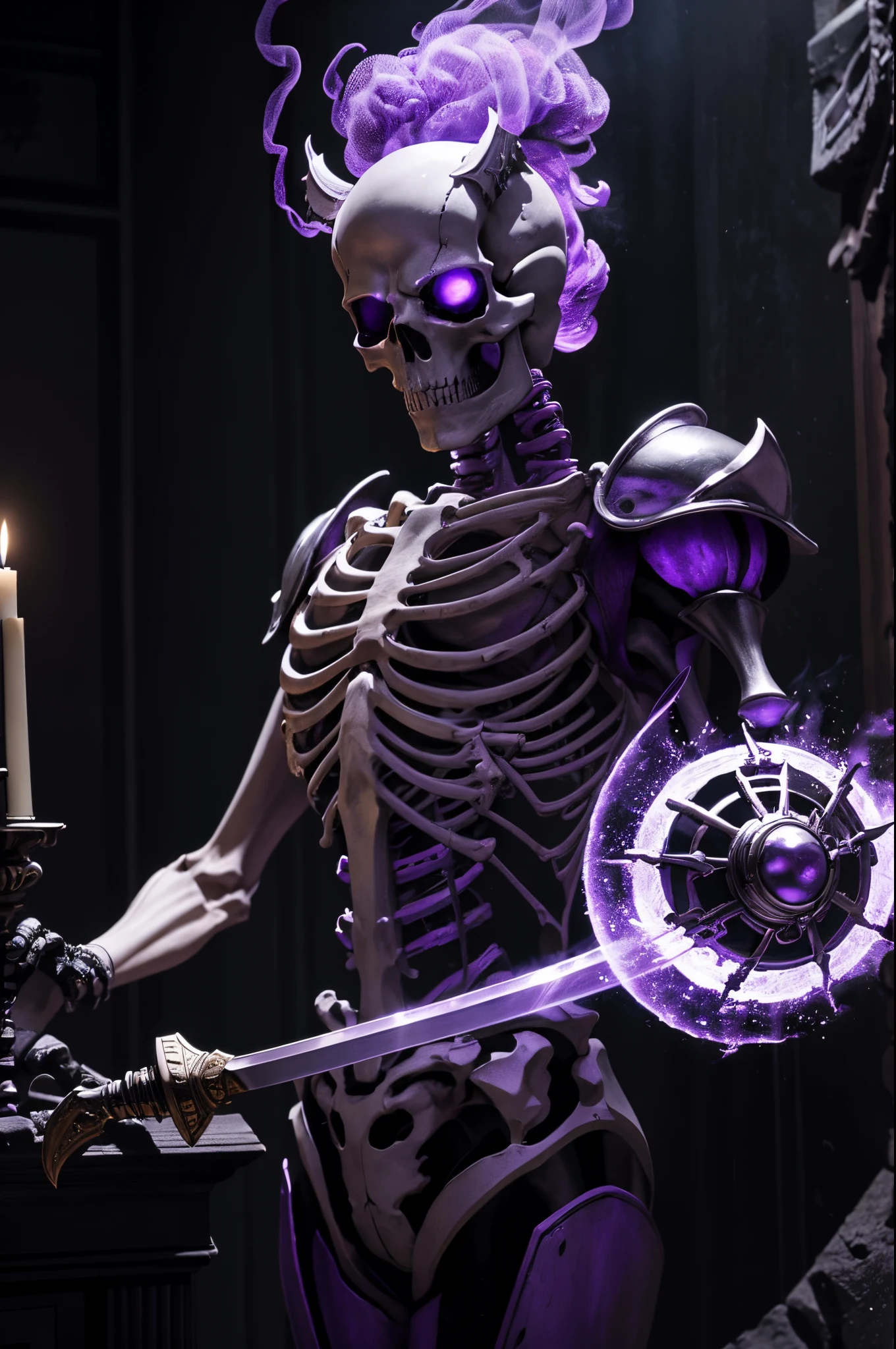 8K、There&#39;s a skeleton in tattered armor in a dimly lit room。(​masterpiece)With a sword and shield、emits purple smoke from its body,frightening look、devil&#39;s skeleton(exact details of the skeleton)A space full of madness,There are many lit candles on the wall(Fire effect)There is a broken fireplace in a dimly lit room.,超A high resolution、super precision、A hyper-realistic、