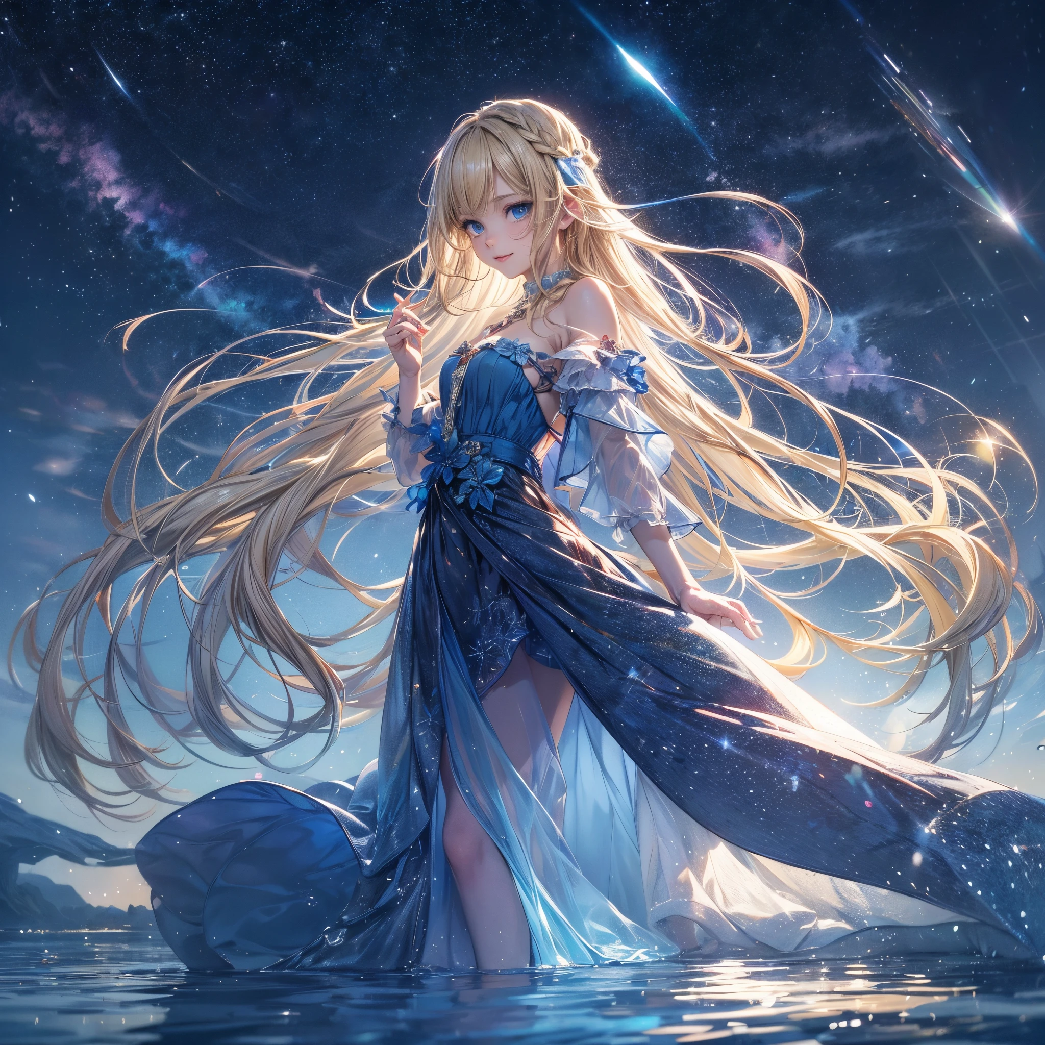 (Full body posing:1.5), (Colorful:1.2), (Highly detailed CG Unity 16K wallpaper:1.1), (Denoising strength: 1.45), (tmasterpiece:1.37),(The best lighting, Best Shadow), (Best Illustration), Dynamic Angle,delicate and beautiful moon,Solo, (Backlight), mid-shot, (the beautiful and delicate girl:1.3), beautiful bare back, (Detailed face:1.2), (Long floating hair:1.2), (Beautiful long dresses:1.2),(masuter piece:1.3),exquisitedetails, Highest quality 8K resolution,Vibrant colors, Warm and gentle lighting,(Smooth straight blonde hair:1.4),(Hair parted in the middle:1.3),(Glowing hair),(Dark blue eyes:1.3),cute smile face,White skin, hair clips,Small necklace,the girl is standing on the water, Beautiful and delicate purple light water surface, reflective water surface, (starrysky) , cold color, From Side,spark of light, Glowing light,