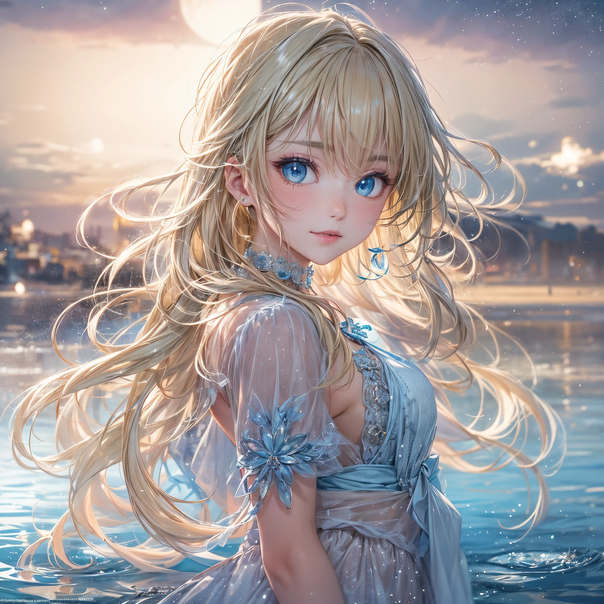 (Full body posing:1.5), (Colorful:1.2), (Highly detailed CG Unity 16K wallpaper:1.1), (Denoising strength: 1.45), (tmasterpiece:1.37),(The best lighting, Best Shadow), (Best Illustration), Dynamic Angle,delicate and beautiful moon,Solo, (Backlight), mid-shot, (the beautiful and delicate girl:1.3), beautiful bare back, (Detailed face:1.2), (Long floating hair:1.2), (Beautiful long dresses:1.2),(masuter piece:1.3),exquisitedetails, Highest quality 8K resolution,Vibrant colors, Warm and gentle lighting,(Smooth straight blonde hair:1.4),(Hair parted in the middle:1.3),(Glowing hair),(Dark blue eyes:1.3),cute smile face,White skin, hair clips,Small necklace,the girl is standing on the water, Beautiful and delicate purple light water surface, reflective water surface, (starrysky) , cold color, From Side,spark of light, Glowing light,