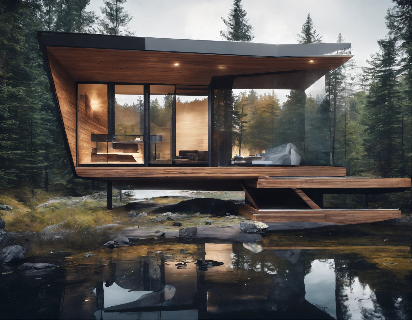 A close up of a small house on a body of water - SeaArt AI