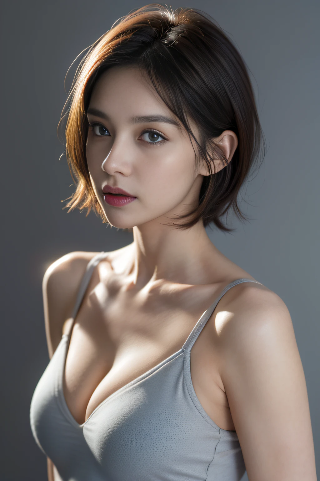 Skin Tight Top:1.2, Looking at Viewer, Cinematic lighting, softlight, High resolution skin:1.2, Realistic skin texture、annoying sexy face、 30 years old mature woman、no-makeup、 off shoulders、 Blue eyes, Short hair、Dark brown hair color、Bust B Cup、Small breasts、Exposed cleavage、fullnude、Light gray background