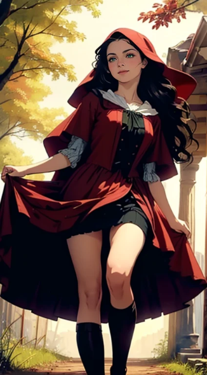 Cinematic Highly colored painting Realistic portrait (extreme close-up:1.2, from below) shot of ((1woman, sensual)), (colonial puritan peasant), undressing:1.3 (red:1.5 puritan gowns from 1700s, (red:1.4 ridding hood:1.4 cape)).((medium breasts, holding gowns herself, dress lift, clothes lift, long skirt lift, bare legs, tights gap, pussy, pussy peek, pubic hair)), ((brunette:1.2 wavy long hair, green eyes, greek nose)). ((smiling, blush, standing,)). 1700, outdoors, midnight:1.5, woods, full moon:1.3, trees. (detailed, masterpiece, soft lighting)