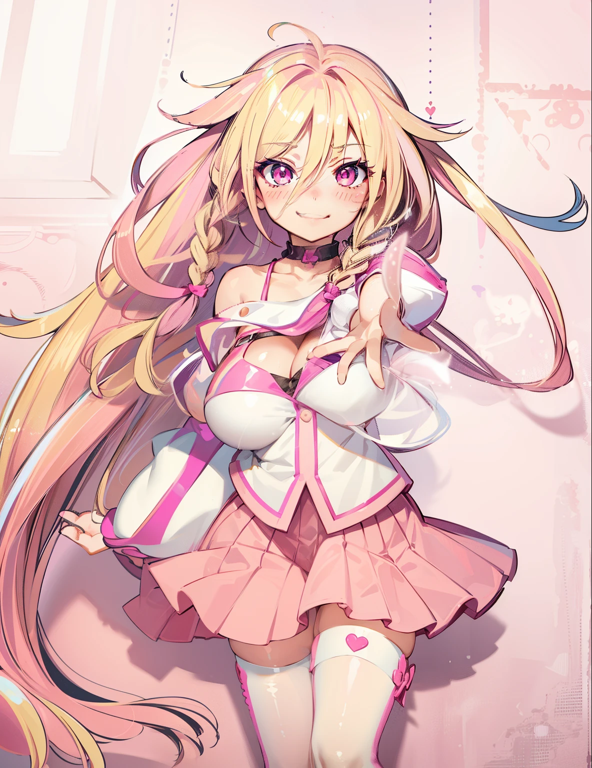 blush, cleavage,glowing aura, natural light, masterpiece, glossy skin, juicy lips ,long hair, cute, kawaii, adorable, reaching up, adult, cuddle, kawaii clothes,random hair style,sexy, hot, , random expression, blonde hair, ((pink highlights in hair)), pink eyes, purple bunny ears, bonfie, smirk, glasses, pigtails and braids, cleavage, bright pink eyes, ((from below))), evil, latex, hand reaching towards viewer