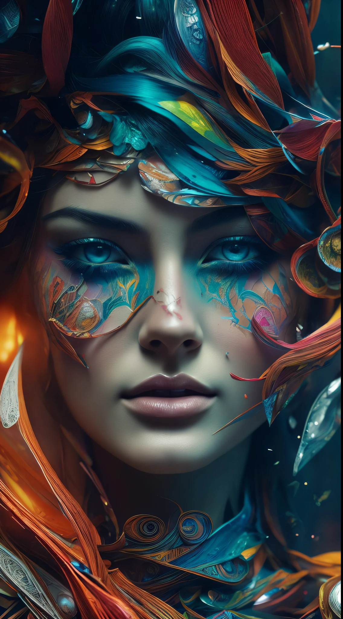 (masterpiece, Top quality, best quality, Official Art, beautiful and aesthetic:1.2), (1 Girl), extreme detailed,(Abstract, Fractal Art:1.3),Colorful hair,highest detailed, detailed_Eye, fire, water, ice, Lightning, Light_particle, ghost