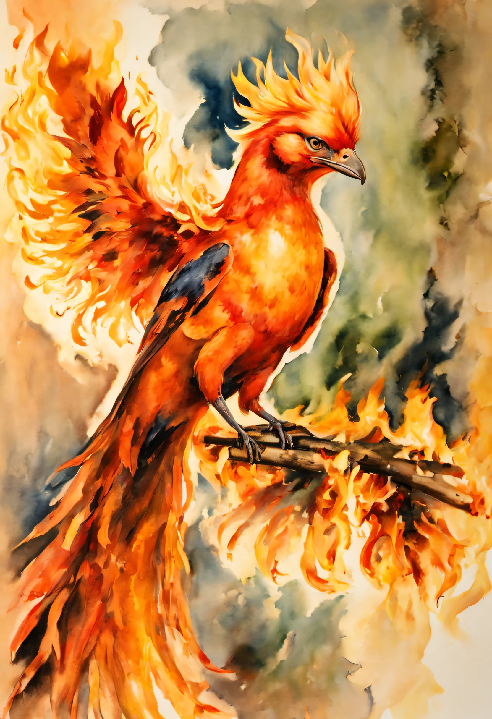 (best quality, 4k, 8k, high resolution, masterpiece: 1.2), ultra-detailed, (realistic, photorealistic, photorealistic: 1.37), (firebird), (burning tail), watercolor, Paul Cezanne, portraits, bright colors, warm lighting