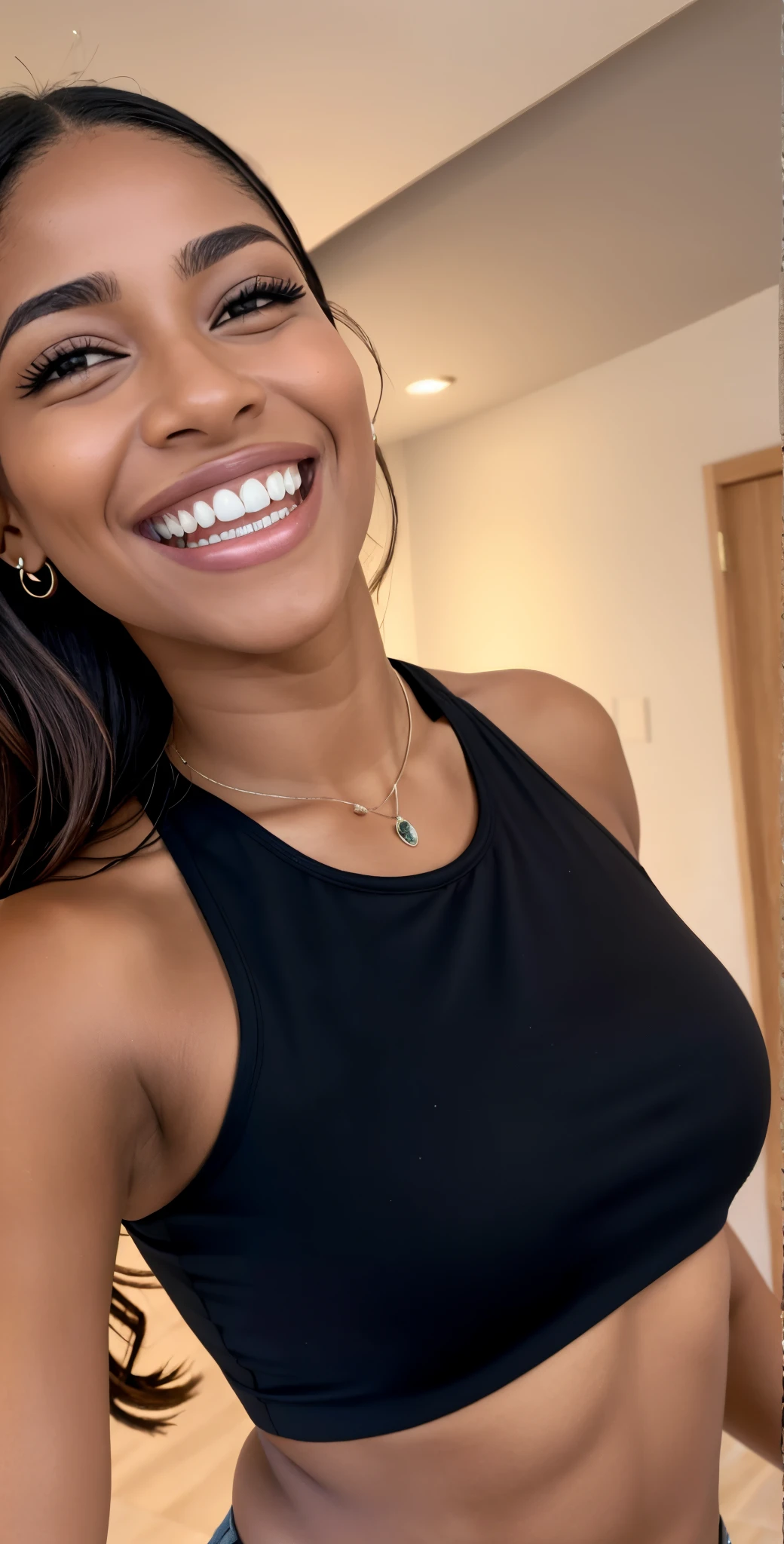 um close up de uma mulher com um top preto e uma saia preta, she is wearing a black tank top, ela tem dentes brancos perfeitos, she is smiling and excited, sorriso muito grande, tanque preto apertado, lovely smile, She is grinning, sorriso provocante, bonito e sorridente, Mia califa, ela expressando alegria, sorriso enorme, She is laughing