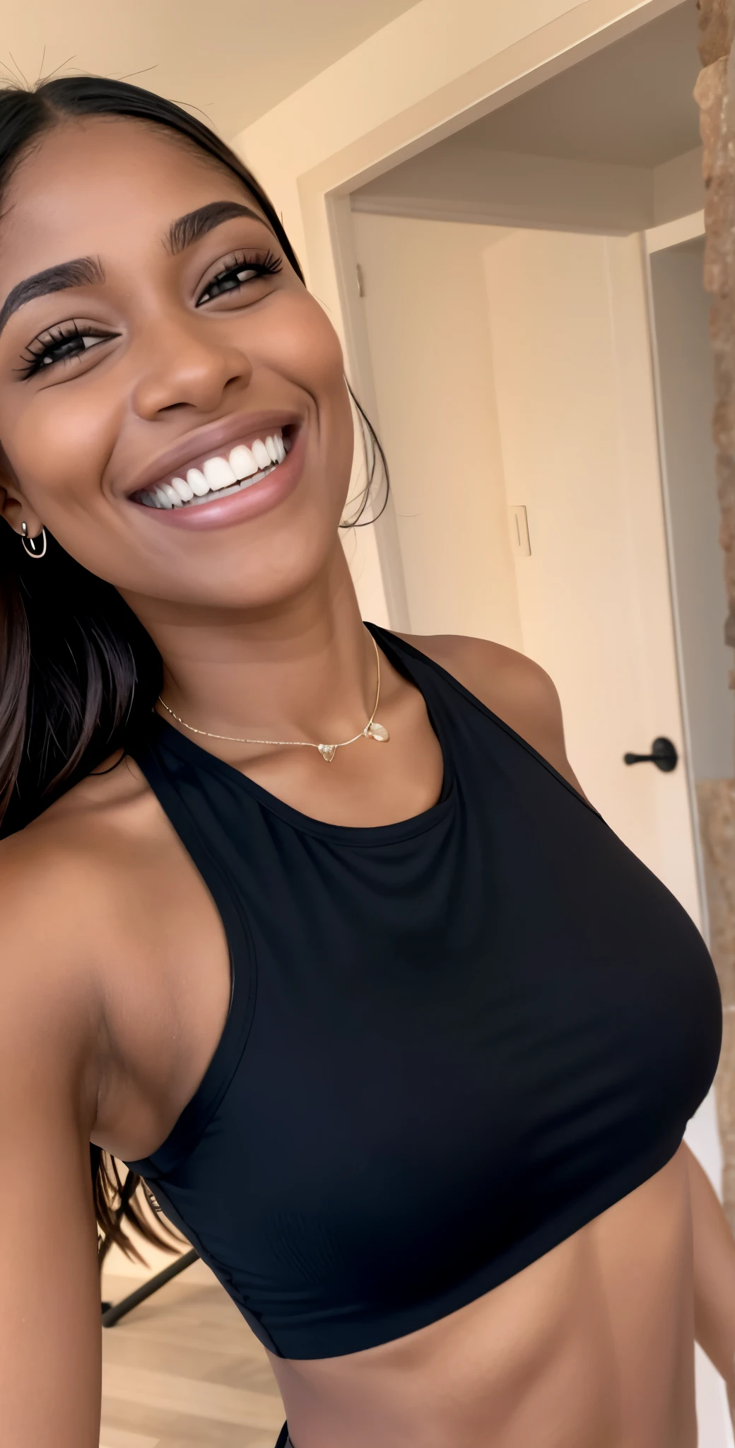 um close up de uma mulher com um top preto e uma saia preta, she is wearing a black tank top, ela tem dentes brancos perfeitos, she is smiling and excited, sorriso muito grande, tanque preto apertado, lovely smile, She is grinning, sorriso provocante, bonito e sorridente, Mia califa, ela expressando alegria, sorriso enorme, She is laughing