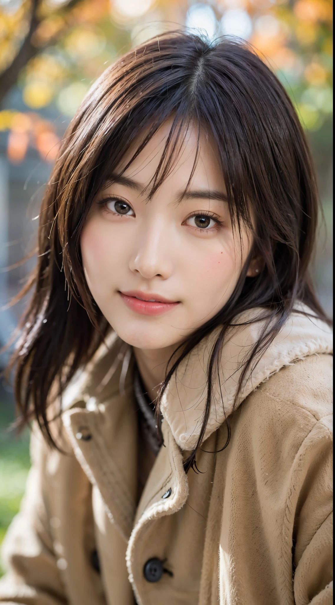 Japan pretty women、1 persons,Super clean and slender、Excellent style  、An ultra-high picture quality、extremely delicate face, Skin and hair、Short-cut hair、Trailing hair,light brown hair、((Chester coat with knit dress)),long boots、Hide your chest with your arms、Shibuya、8k picture、A very cute Japan detached face、A slender、middlebreasts、Eyes and nose stand out clearly、Gentle eyes、A smile,Autumn foliage background