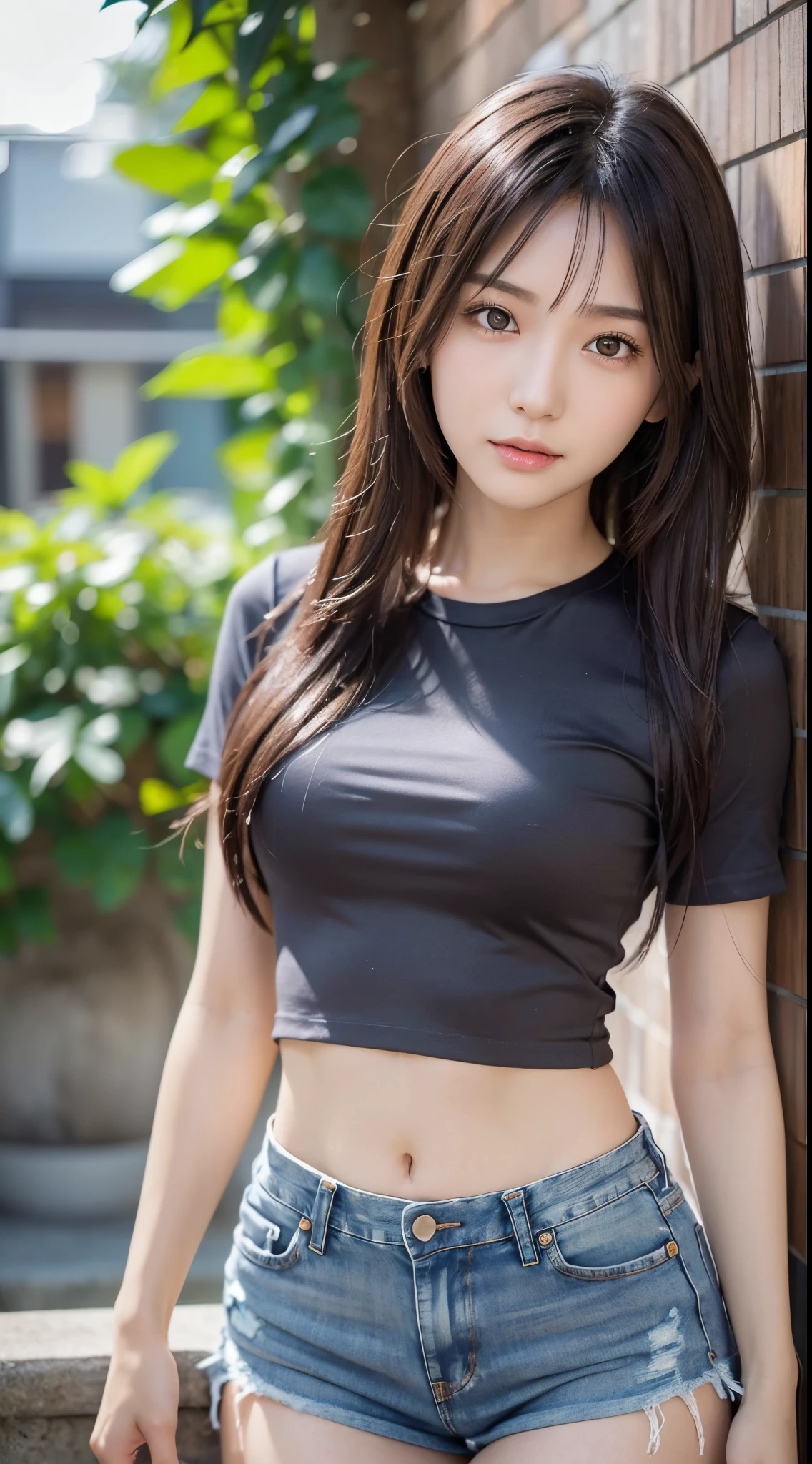 Japan Girl,beautiful girlfriend,a beauty,Raw foto,8K,morning sun lighting,Gray T-shirt and jeans miniskirt,Smooth long hair,A dark-haired,A detailed face,Detailed skin,Detailed eyes,(Slim body:1.3),ite girl in,About 23 years old,