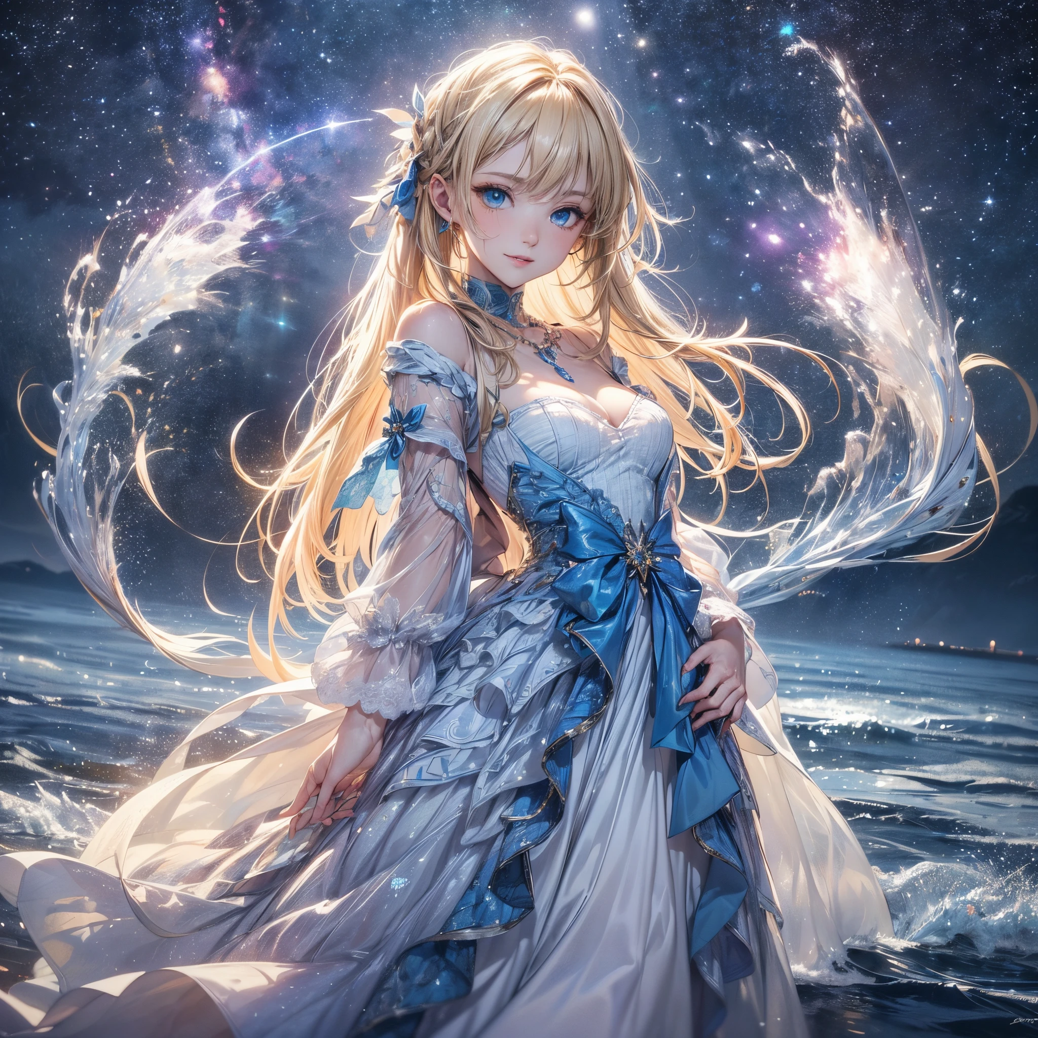 (Full body posing:1.5), (Colorful:1.2), (Highly detailed CG Unity 16K wallpaper:1.1), (Denoising strength: 1.45), (tmasterpiece:1.37),(The best lighting, Best Shadow), (Best Illustration), Dynamic Angle,delicate and beautiful moon,Solo, (Backlight), mid-shot, (the beautiful and delicate girl:1.3), beautiful bare back, (Detailed face:1.2), (Long floating hair:1.2), (Beautiful long dresses:1.2),(masuter piece:1.3),exquisitedetails, Highest quality 8K resolution,Vibrant colors, Warm and gentle lighting,(Smooth straight blonde hair:1.4),(Hair parted in the middle:1.3),(Glowing hair),(Dark blue eyes:1.3),cute smile face,White skin, hair clips,Small necklace,the girl is standing on the water, Beautiful and delicate purple light water surface, reflective water surface, (starrysky) , cold color, From Side,spark of light, Glowing light,