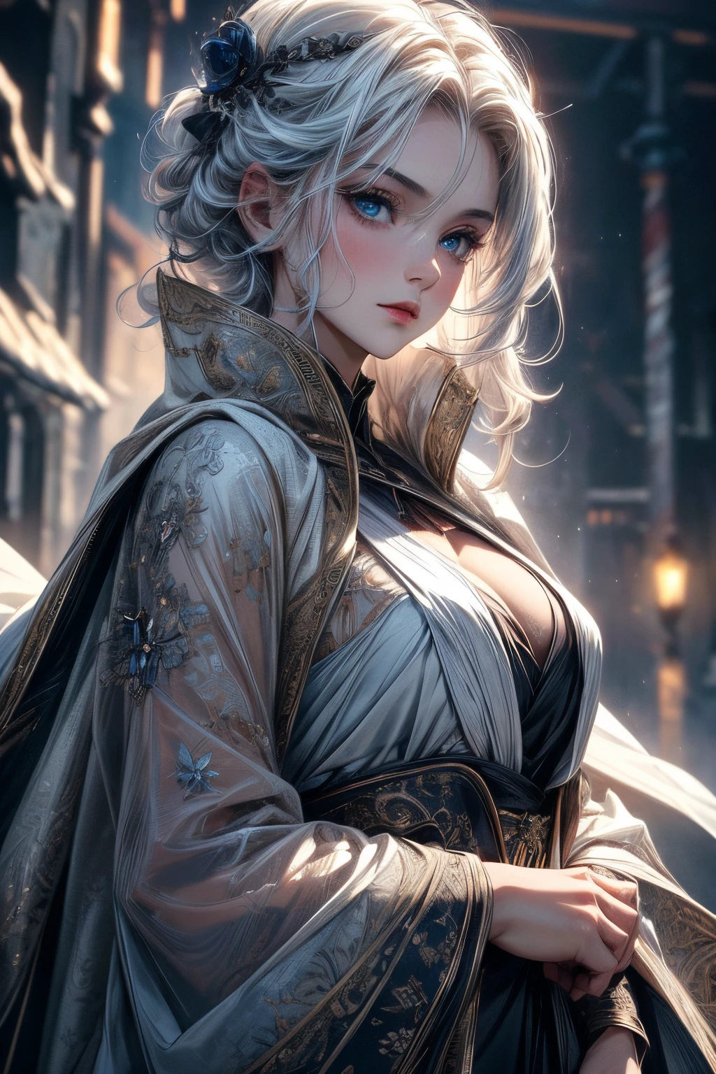 (best quality,4k,8k,highres,masterpiece:1.2),ultra-detailed,realistic:1.37,a woman,young,19 years old,short white hair,beautiful detailed eyes,beautiful detailed lips,cold gaze,blue eyes like crystal,white clothes,black robe,cape,half body,background with blue lights