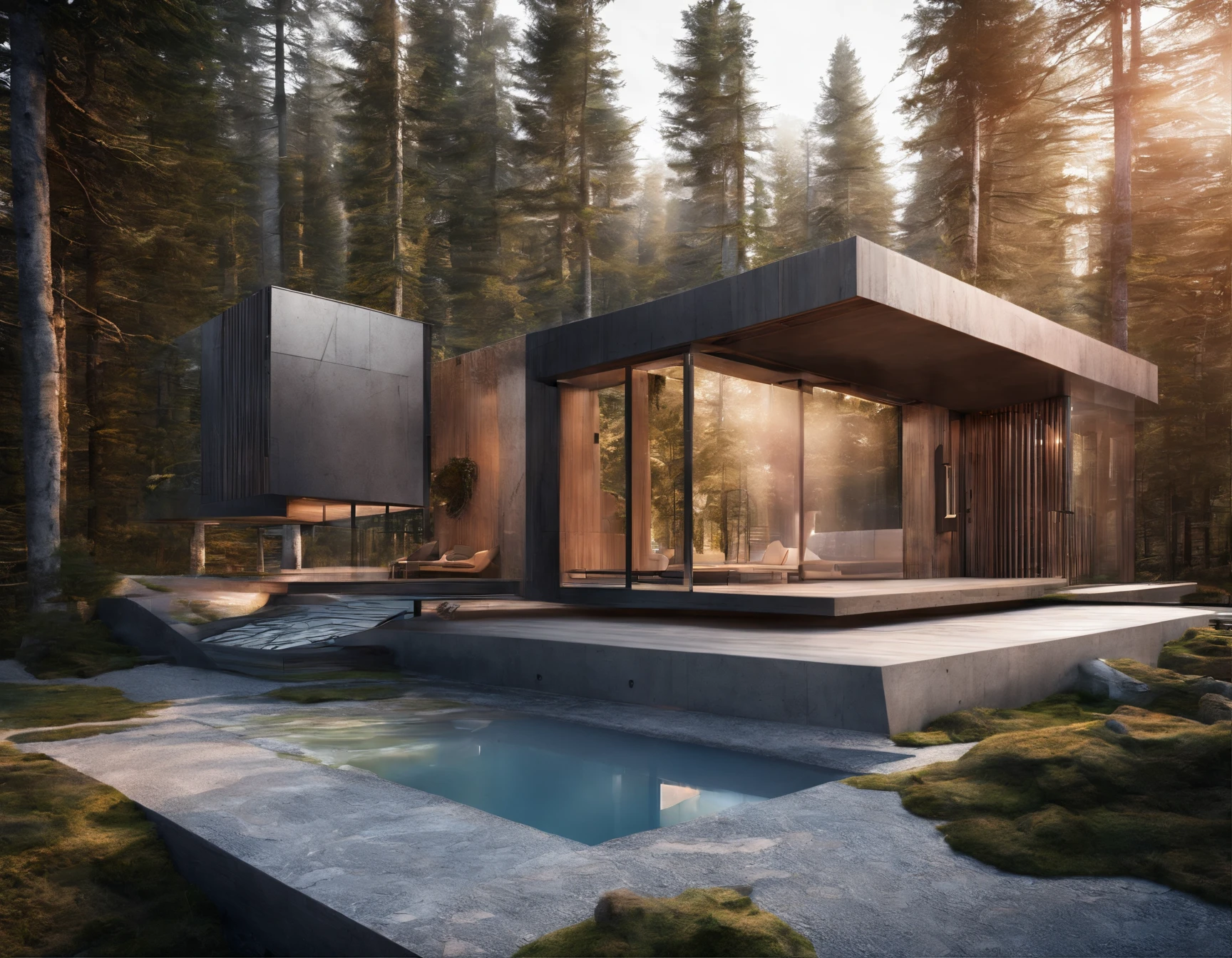 Exterior image of a tiny house house in a Scandinavian nature, duplex, minimalistic, (((standing wood and glass mirror panels))), avantgarde, sci-fi, science fiction, waterfall, panorama glass windows, forests, waterfall inside atrium, rocks, futuristic, floating, modern, solar panel roof, natural pond of water,