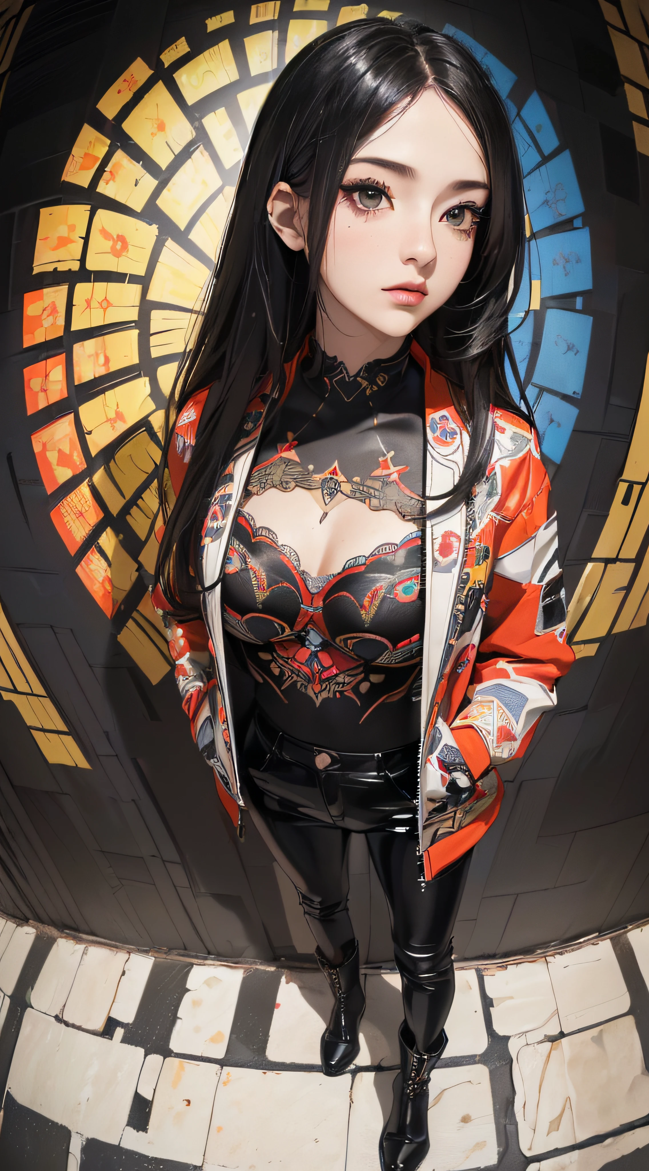(((8k wallpaper of extremely detailed CG unit:1.2, masterpiece, hight resolution:1.2, top-quality:1.2, masutepiece))), ((a very beautiful woman, Hands in pockets:1.8, Grunge Fashion:1.2, Wearing a blouson:1.2, Wearing black leather pants, Wearing boots)), ((extra detailed face, Highly detailed black eyes:1.2, extra detailed body, Top quality real texture skins)), (A dark-haired, length hair, de pele branca, Small), ((colorful geometric pattern wall, Colorful wall)), (high-angle, Fisheye:1.3), hyper realisitic, digitial painting,