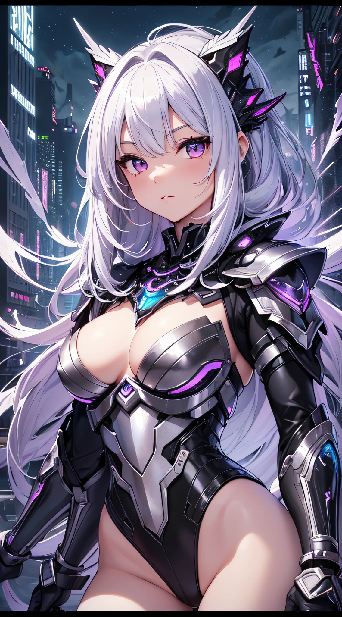 top-quality、Top image quality、masterpiece、girl with((silver and black mechanical body armor、silver mechanical arm、silver leg arms、Shining red body line、sixteen years old、 ager、cute little、Best Bust、big bast,Beautiful shining purple eyes、Breasts wide open, white hair、black mechanical wing,Longhaire、A slender,Large valleys)),hiquality、Beautiful Art、Background with((Midnight City、murky)))、,masutepiece、depth of fields,Cinematic style