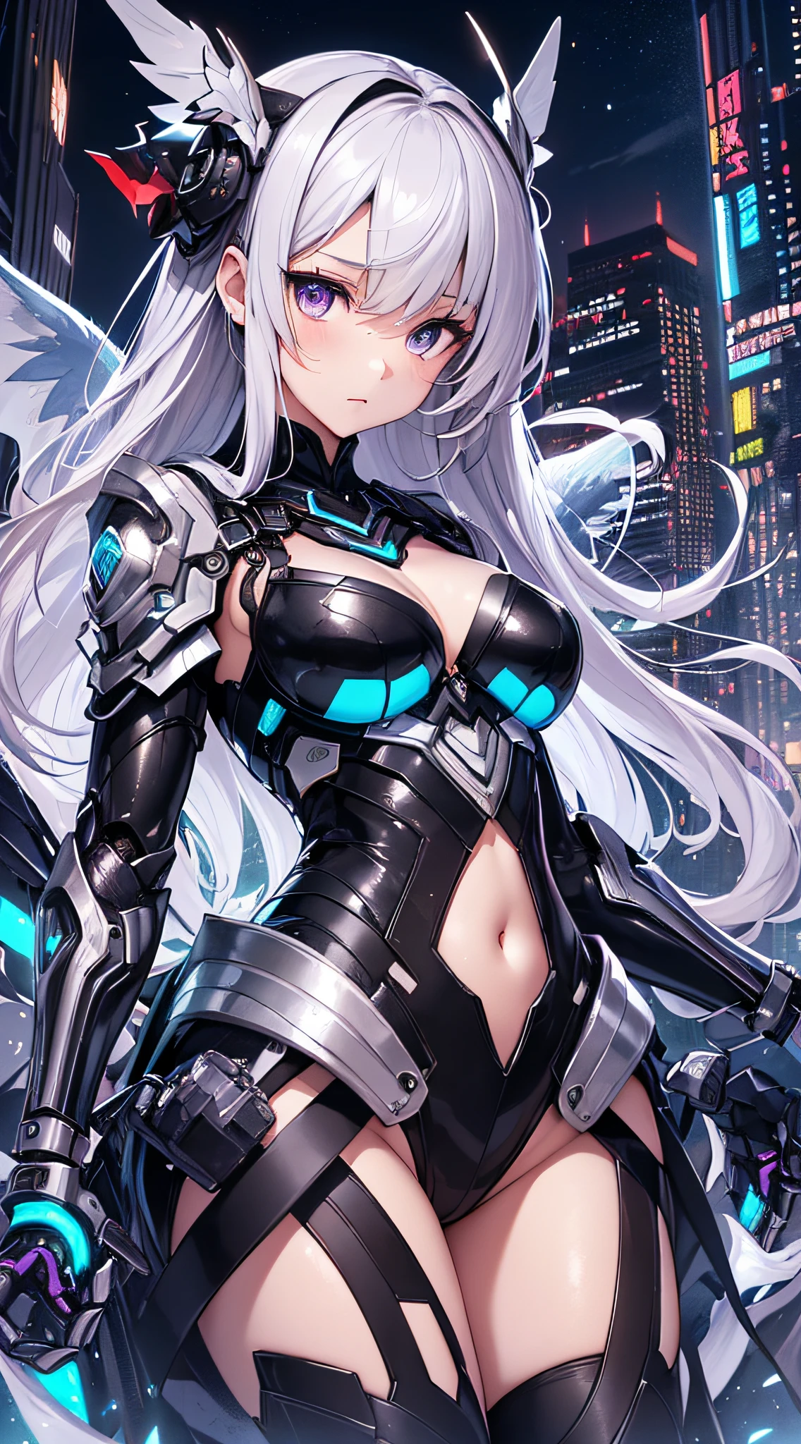 top-quality、Top image quality、masterpiece、girl with((silver and black mechanical body armor、silver mechanical arm、silver leg arms、Shining red body line、、teen ager、cute lit Bust、big bast,Beautiful shining purple eyes、Breasts wide open, white hair、black mechanical wing,Longhaire、A slender,Large valleys)),hiquality、Beautiful Art、Background with((Midnight City、murky)))、,masutepiece、depth of fields,Cinematic style