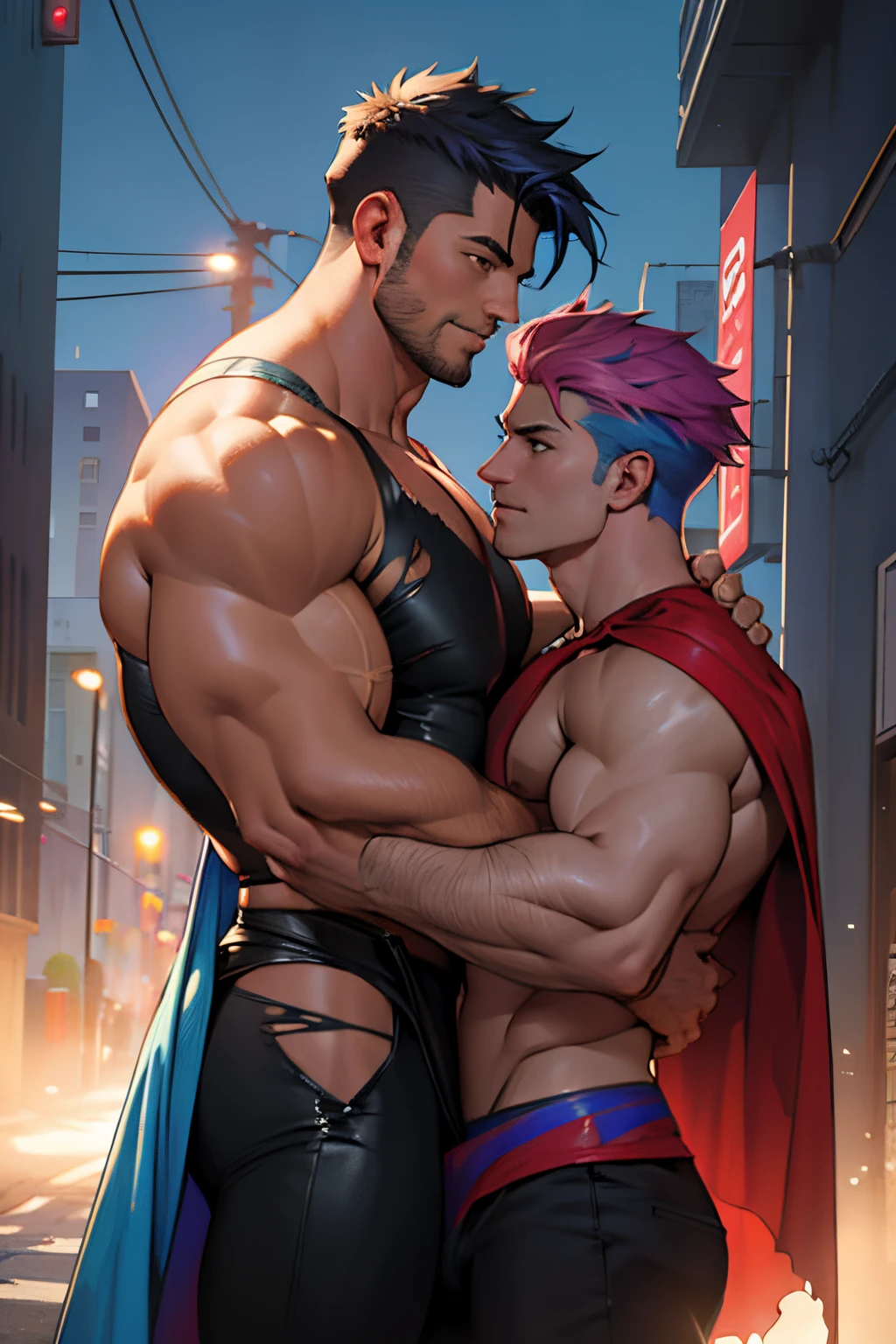 ((masterpiece)),((bestquality)),((gay superhero couple,rainbow hair, ripped clothes))8k,40000900009 rainbow hair,high detailed,ultra-detailed, 999999999999 cm,smirk,n,8-pack abs 80999099cm , erotic, huge bulge,,Stylish Pose, real skin texture, cinematic lighting, 230000m extremely masculine muscular men,size difference, macrophilia, giant, outdoors, superheroes, hyper inflated muscle, 708988990999 cm extremely wide shoulders, inflated muscle 
Gay handsome muscular , one man 4x bigger than the other, ripped clothes, the style of Scarlet blue lightning ,70000000 cm, 900999099900 cm