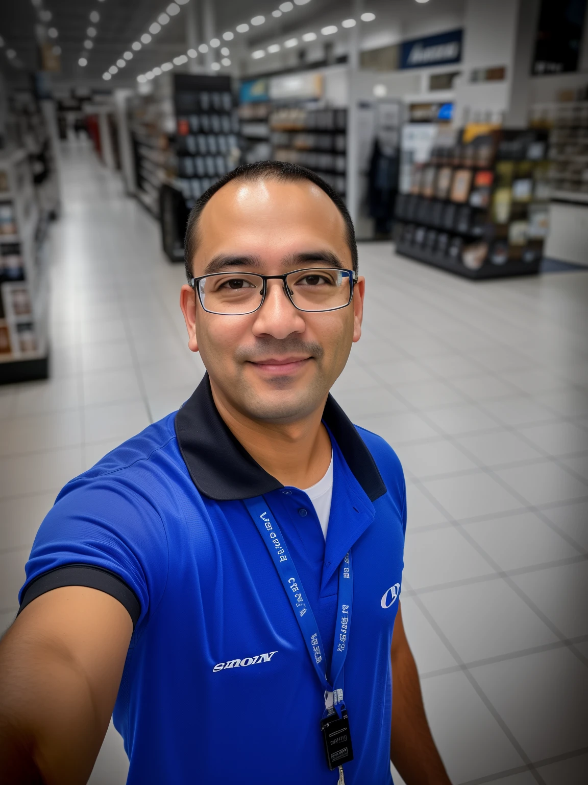 Man in blue shirt and glasses standing in a store, Tiro na Nikon Z9, Tomado com Sony Alpha 9, Fotografia selfie 8k, Capturado na Canon EOS R 6, fotografia modo retrato, imagem de qualidade muito baixa, Tiro na Canon EOS R5, Tiro na Canon EOS R 5, fotografia, Potrait, Tiro em Sony A 7 III